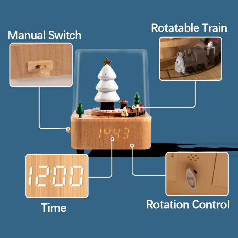 Dolphin Industry BR Custom Christmas Orgel Clock Music Boxes Wind Up Wood Music Box With Rotating Small Train And Time Display