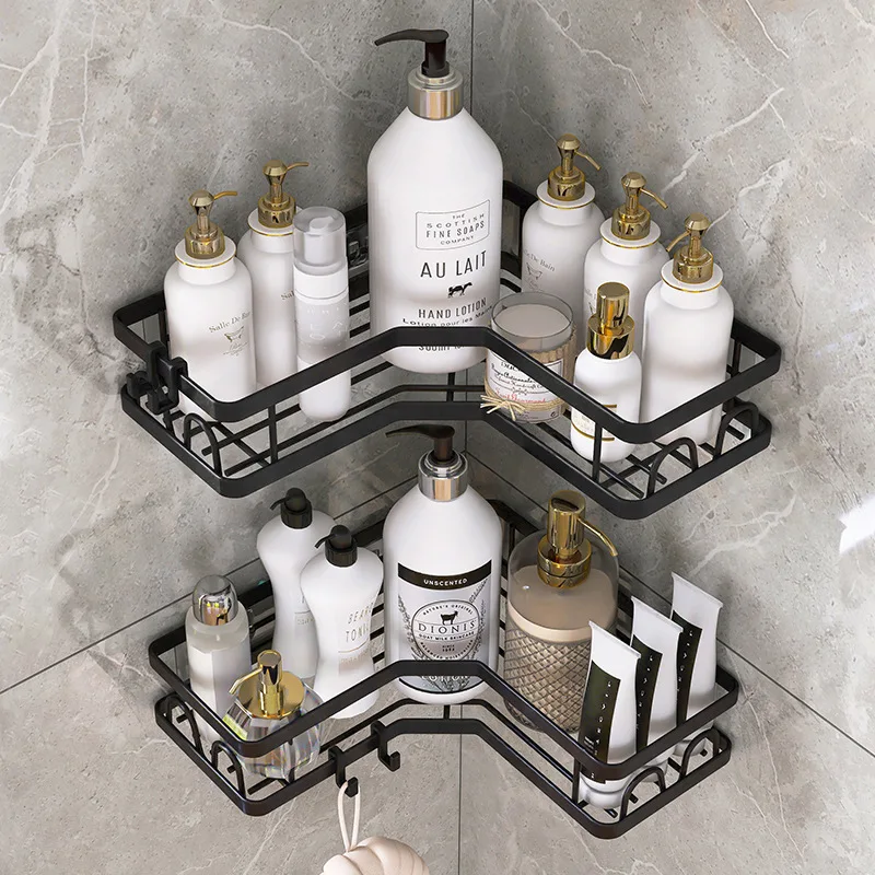 Kitchen Double Shelves Multi Wall Mounted Self Adhesive Bathroom Corner Rack Shelf Shower Caddy Corner Storage Shelves