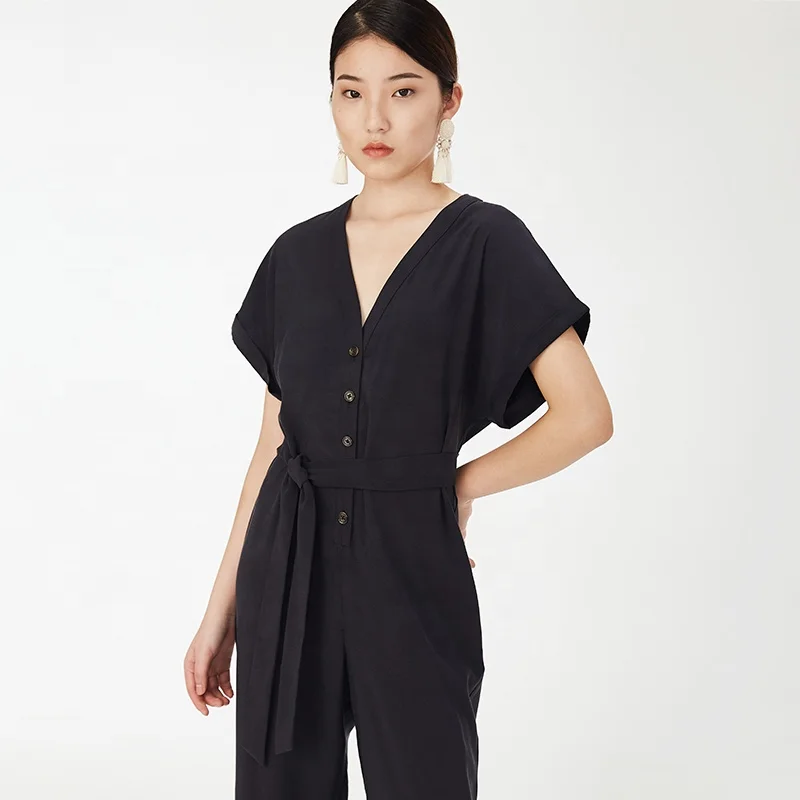Summer elegant one piece pants custom navy blue deep v neck sleeveless loose jumpsuits for women