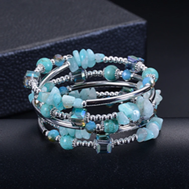 HP-01 Fashion Metal Cuff Bracelet Handmade Jewelry Memory Wrap Spiral Turquoise Bead Natural Crystal Stone Bangle Bracelet