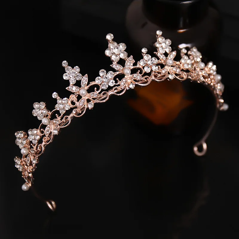 Wavy Rose Gold Color Alloy Crown With Pearls Rhinestone Flower Metal Tiaras Accessoire Femme Luxury Wedding Accessories For Brid