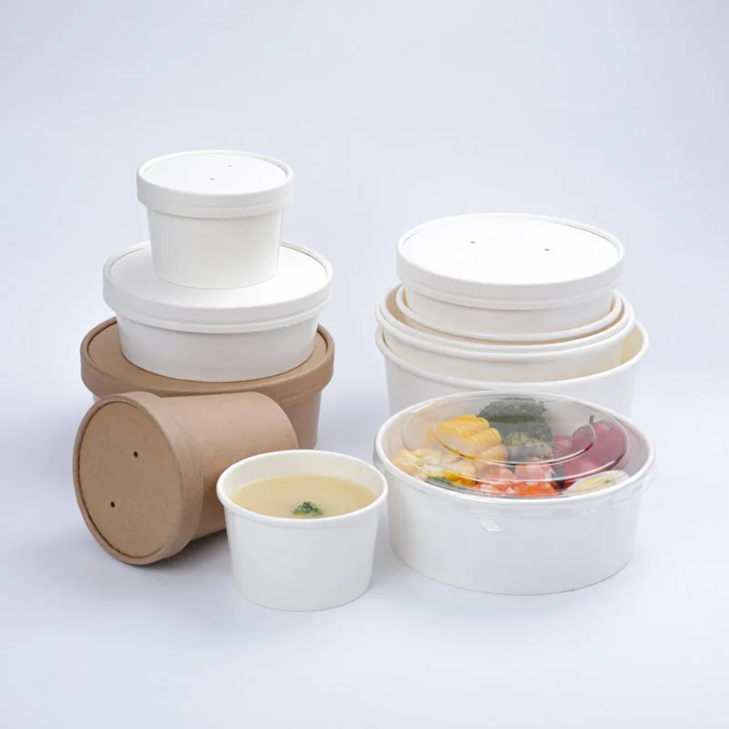 custom kraft paper soup cup bowl with lid disposable take away dessert rice salad noodle packing box container on sale