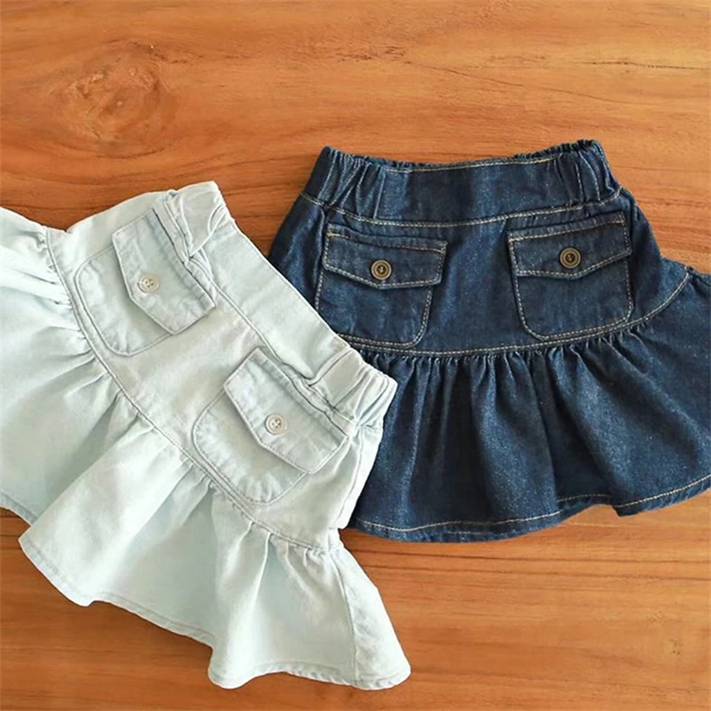 Wholesale Baby Girls Summer Mini Skirts Kids Solid Color Denim Skirts With Pocket