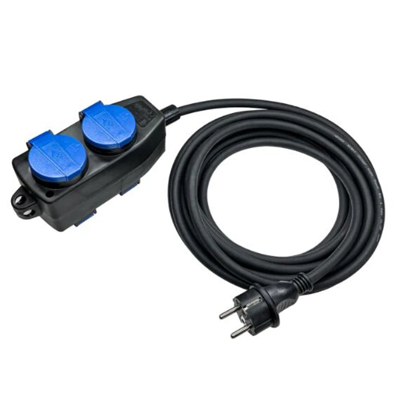 2m High Quality Waterproof Black Extension Cord Rubber Extention Cables with 2 Way Schuko Socket