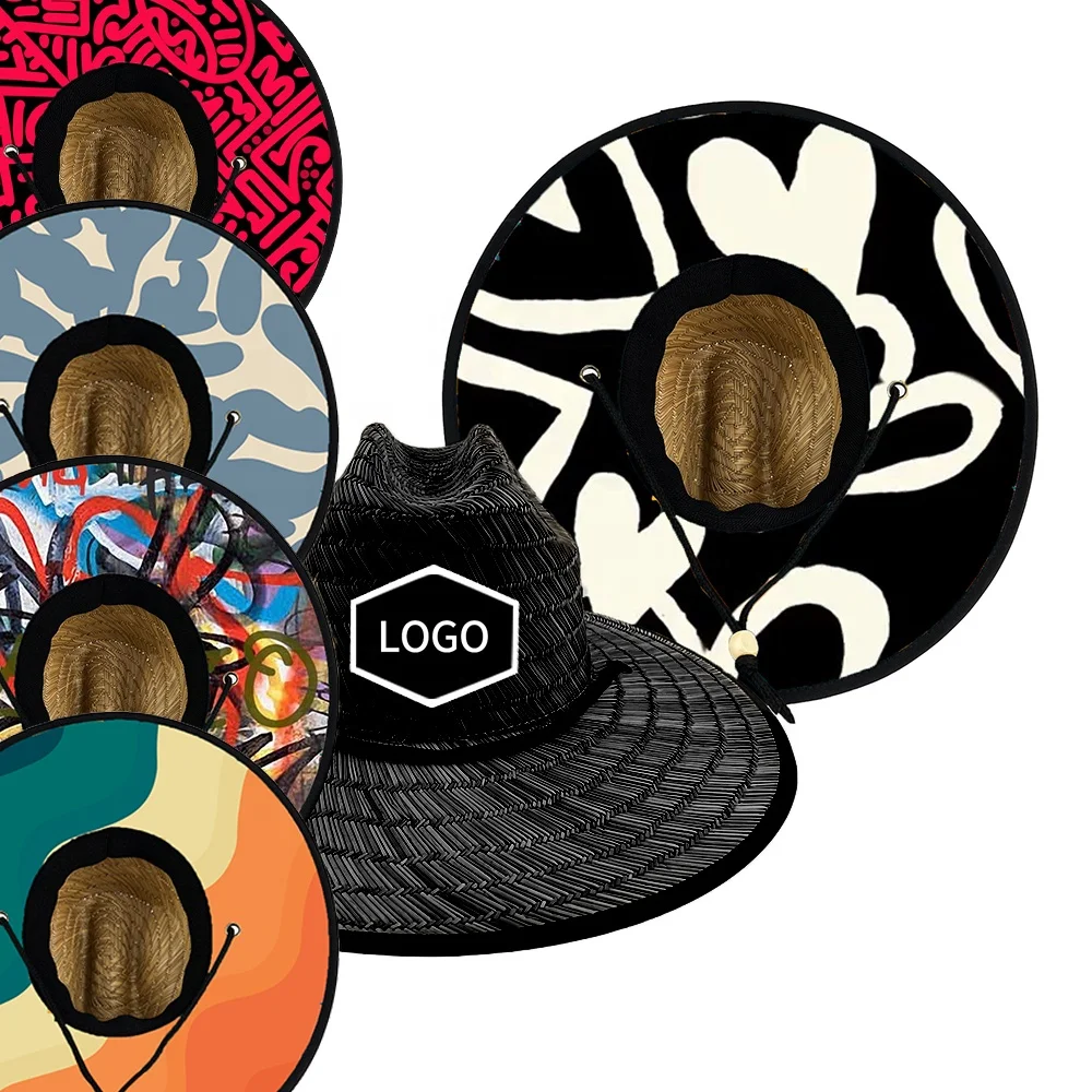 CUSTOM LOGO surfing men unisex uv sun womens summer natural black sombreros de paja lifeguard life guard straw hat for men women