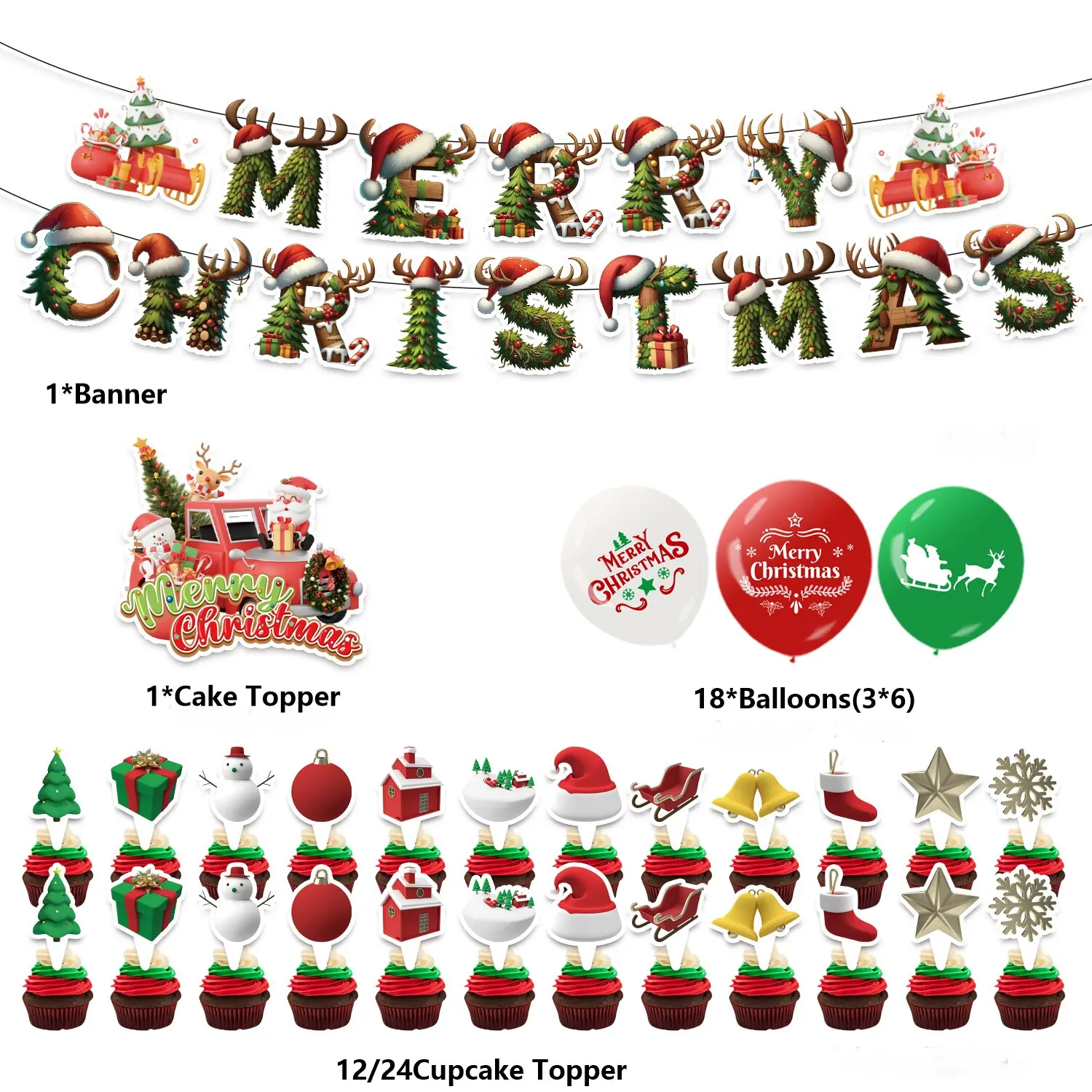 New Arrival Merry Christmas Santa Snowman Flag Banner Cake Toppers Latex Balloon Bouquet For Christmas Party Decoration Supplier