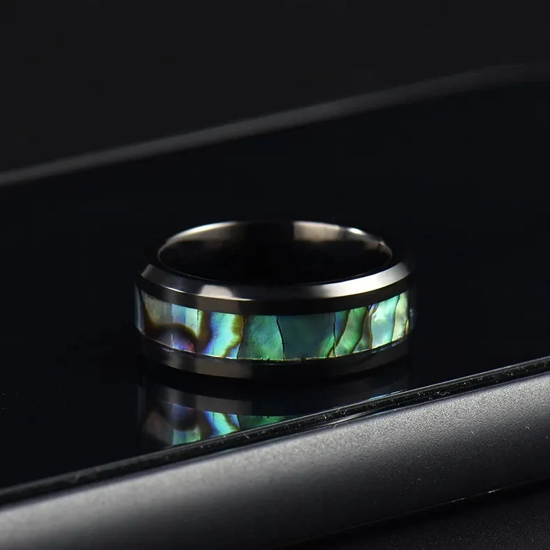 Poya Fashionable Wholesale 8mm Abalone Shell Inlay Tungsten Ring Resizable for Wedding Engagement or Gift Fashion Jewelry