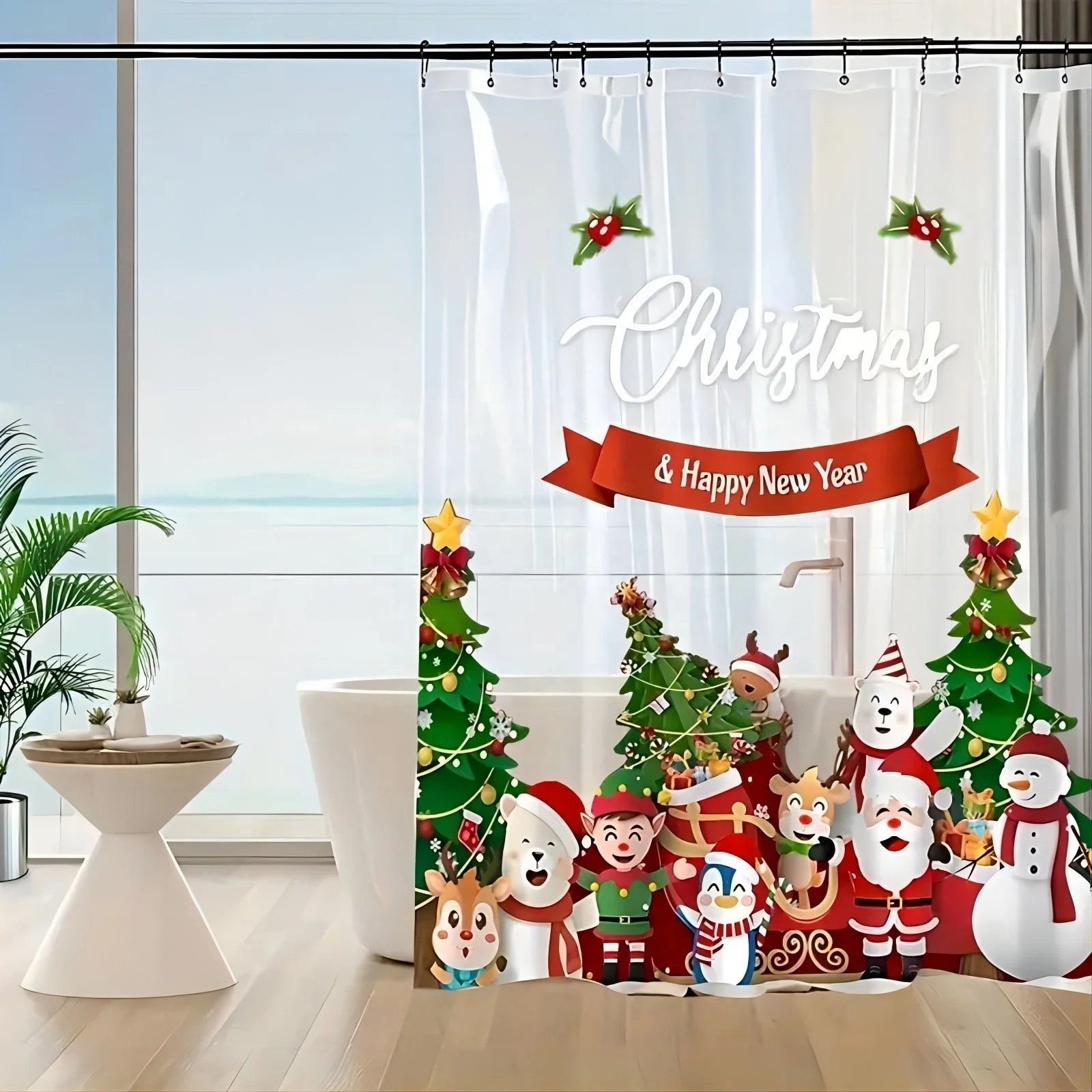 New Promotion Waterproof Christmas 3D Clear EVA Shower Curtain Liner bathroom Shower Curtain with Heavy Duty 3 Bottom Magnets