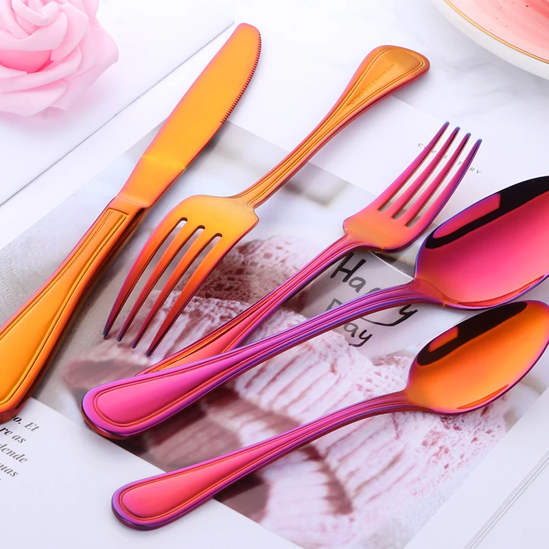 Stainless Steel cutlery set Knife Spoon Fork knife 5pcs Rainbow Titanium Cutlery for party event Gradient Red Coffee
