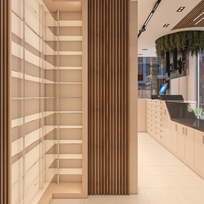 Custom Nature Style Wooden Medical Shelves Store Interior Display Racks Pharmacy Shop Counter Design for Pharmacy Furniture