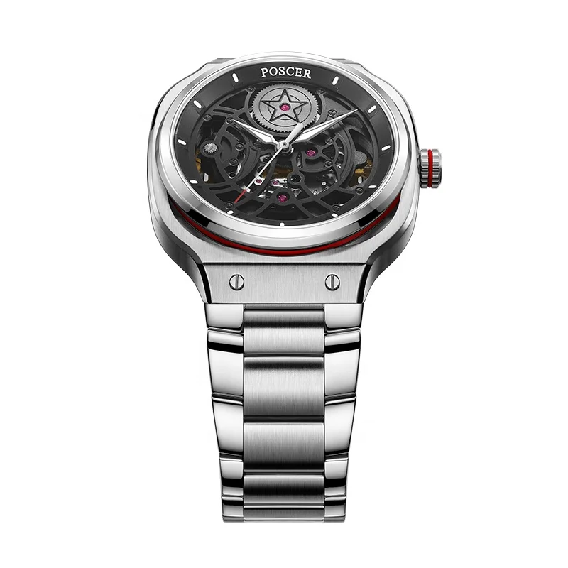 Luxury 304 stainless steel watch skeleton design square style dial sapphire glass automatic mechanical watch for men