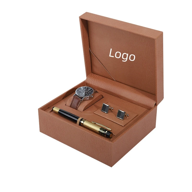 New Custom Logo Luxurious Man Business Watch Pen Earring Organizer Black Leather Handmade Watch Packaging Gift Box