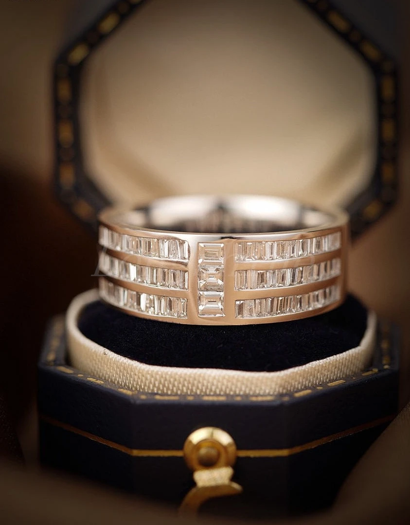 Longshine Fashion 3 Rows Baguette Diamonds Men Wedding Band White Color Ring