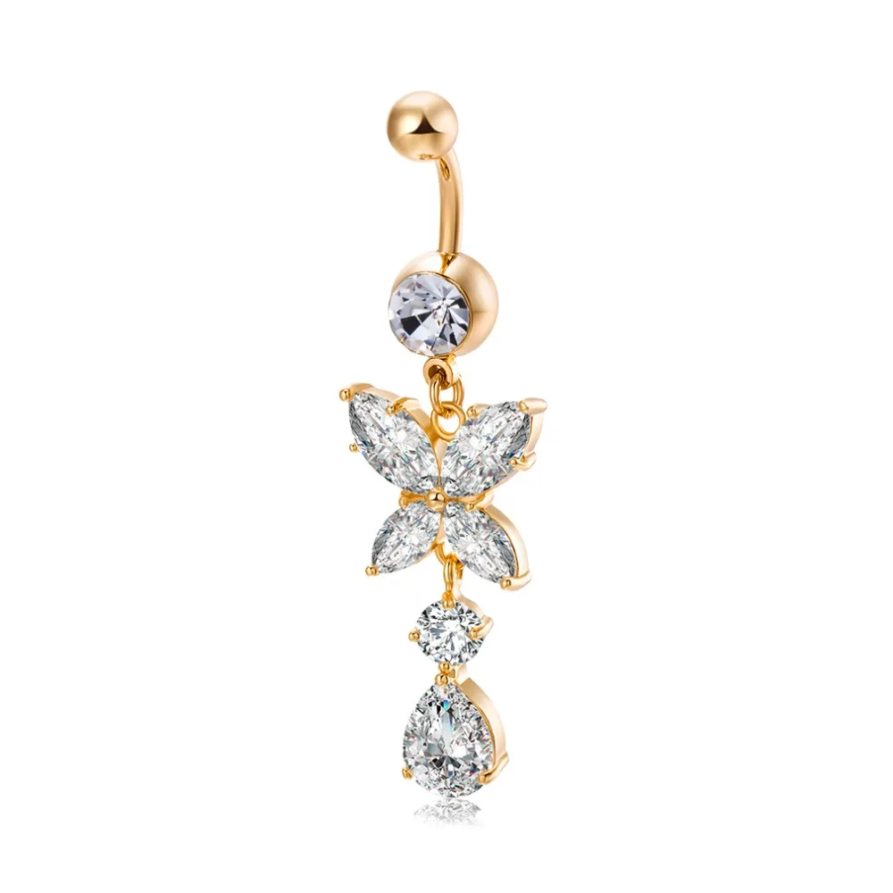Cute butterfly Zircon chain gold color Navel Piercing Rings Belly Button Rings Surgical Steel Rhinestone  Body Jewelry