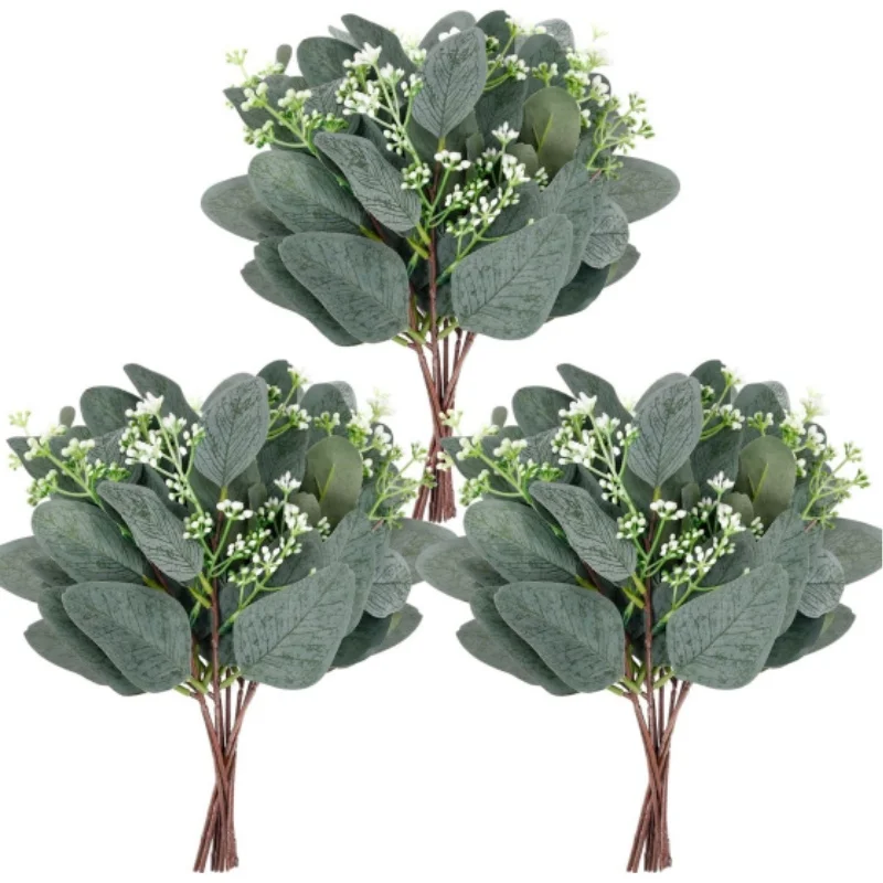 20pcs Artificial Eucalyptus Leaves Stems with White Seeds Short Silver Dollar Greenery Stems Flower Arrangement Wedding Bouquets