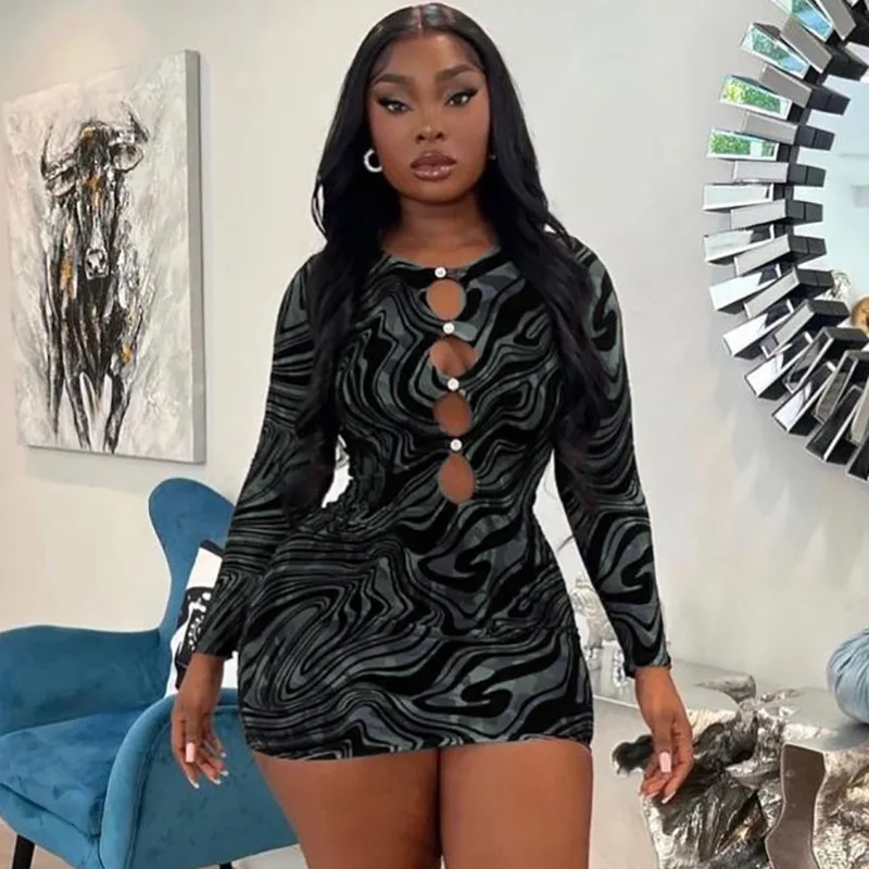 2023 Spring New Style Printed 3D Color Women Long Sleeve Sexy Mini Dress Bodycon Hollow Out