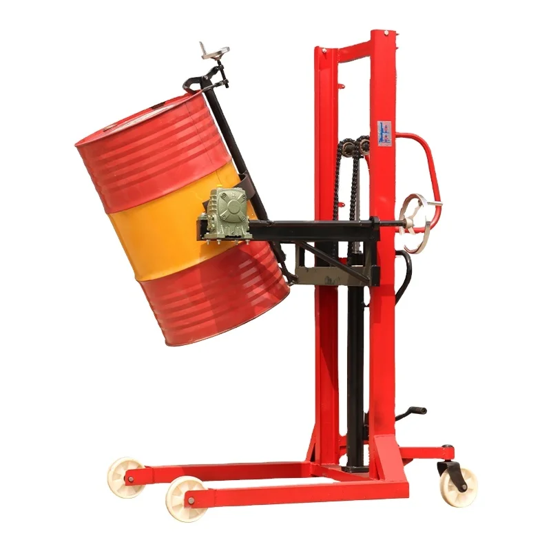 Manual oil drum stacker dynamic hydraulic drum flipping to raise forklift truck