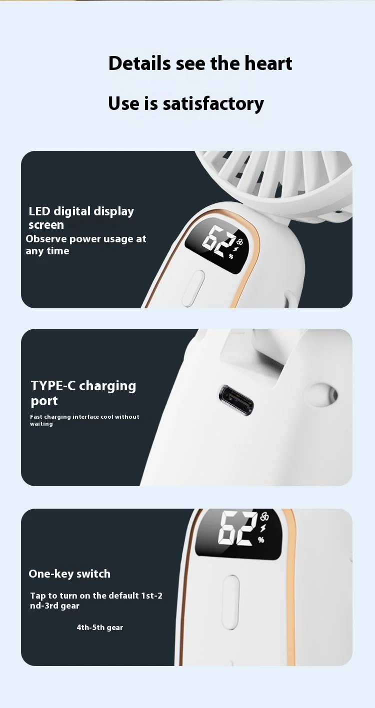 2024 Rechargeable Air Circular Hand Fan Outdoor 1200mAh Handheld Portable Foldable Electric Mini Fan