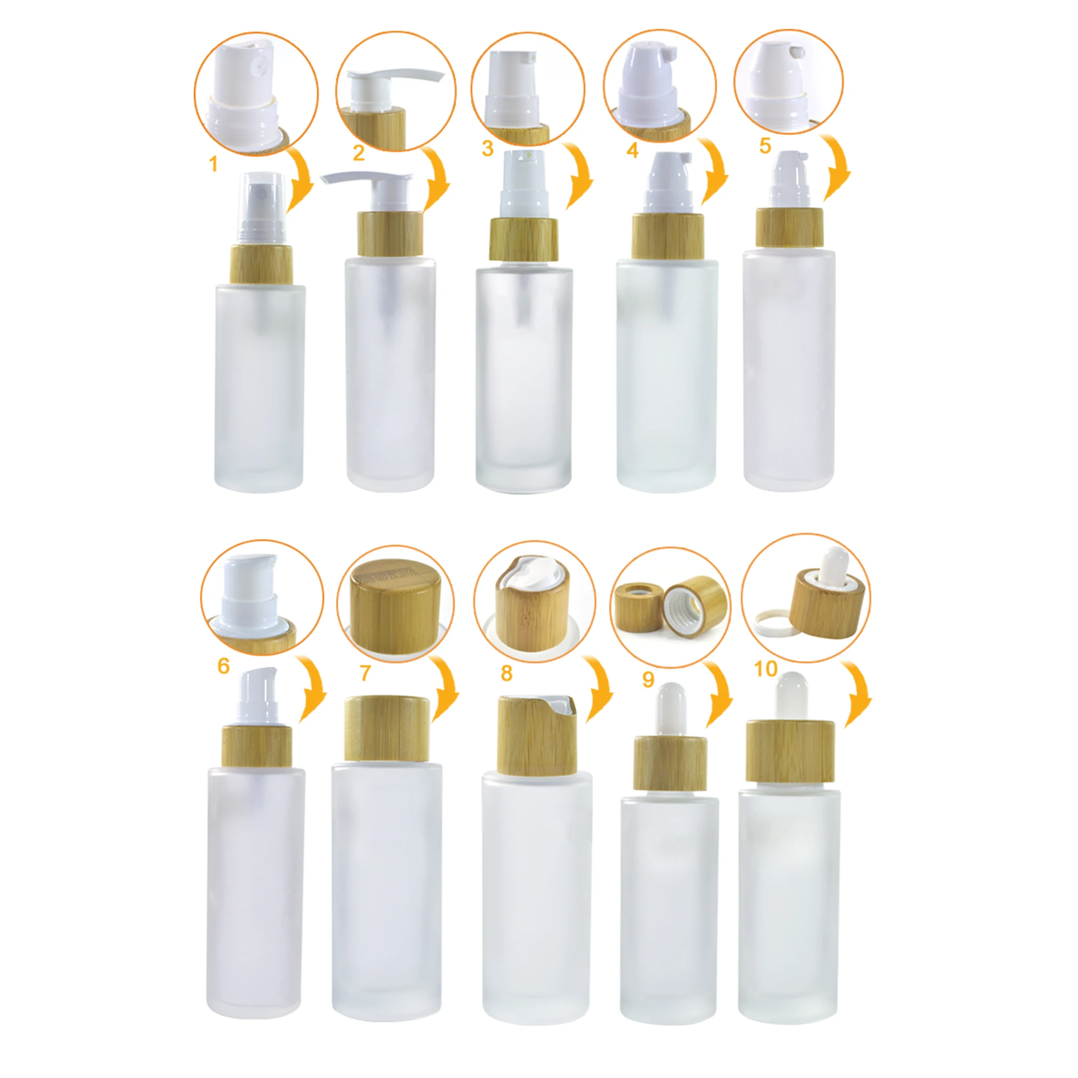 Skin care 30ml 50ml  100ml 120ml 150ml frosted clear glass bottle with bamboo cap for lotion toner cosmetic packaging