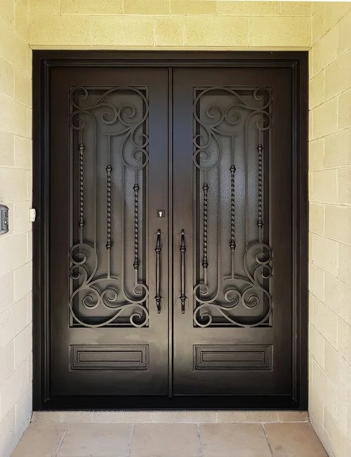 Modern Wrought Iron Double Residential Front Entry Doors Iron Exterior Doors