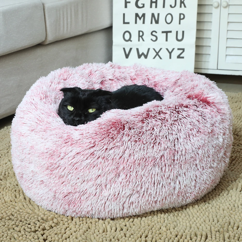 Anti Anxiety Long Faux Fur Super Soft Fabric Dog Bed Comfortable Donut Round Dog Bed Washable Pet Cushion