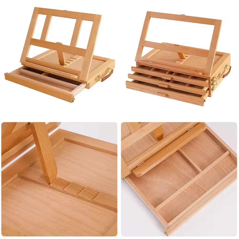 Panwenbo Art Supply Adjustable Wooden 3-Drawer Storage Box Easel Premium Beechwood Portable Wood Artist Desktop Easel