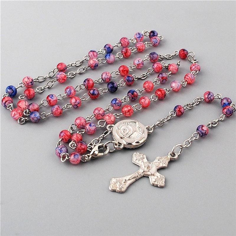 Crucifix Pendant 4mm Glass Imitate Cloisonne Beads Small Rosary Catholic Necklaces with Mini Virgin Mary Center Piece