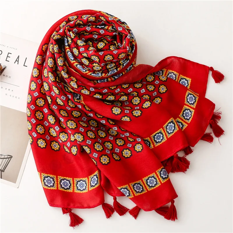 Eco friendly custom design viscose scarf red color round pattern print 100% polyester shawls and scarves luxury