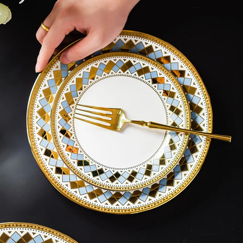 Hotel Restaurant Luxury Dish Set Gold Rim White Ceramic Steak Pasta Plates Food Dinner Plate