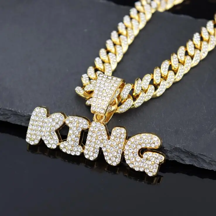 Men KING Letters Pendant Cuban Chain Iced Out Bling HipHop Necklaces Male Charm Jewelry