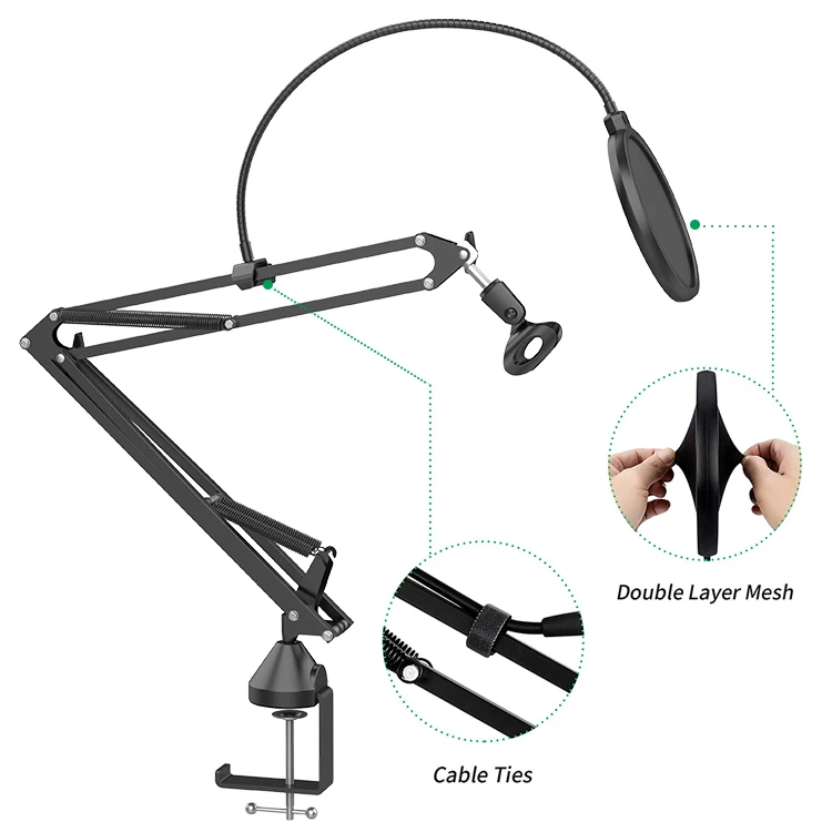 
Heavy Duty Microphone Stand Extendable for Mic Suspension Boom Scissor Arm Stand with Dual Layered Mic Pop Filter Arm Stand 