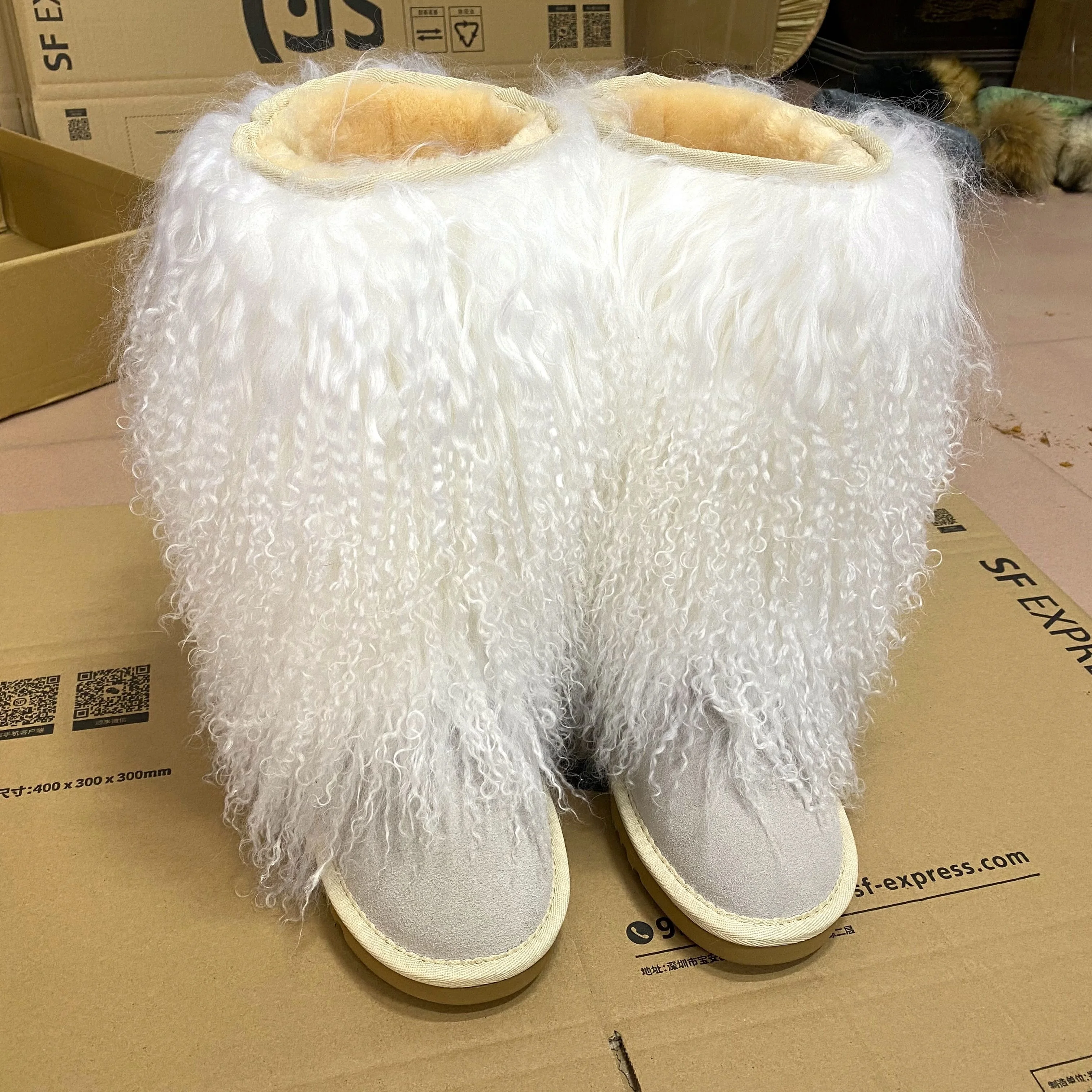 New Design Ladies Fur Snow Boots Mongolian Long Hair Sheep Fur High Boot