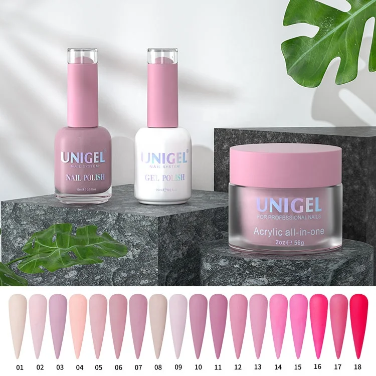 Unigel Wholesale #001-#018 Nail Supplies Private Label 3in1 Matching Acrylic Dipping Powder Gel Polish