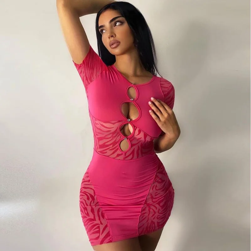 Fashion Female Short Sleeve Hollow Out Translucent Dress Sexy Club Dress Women Bodycon Casual Mini Dress