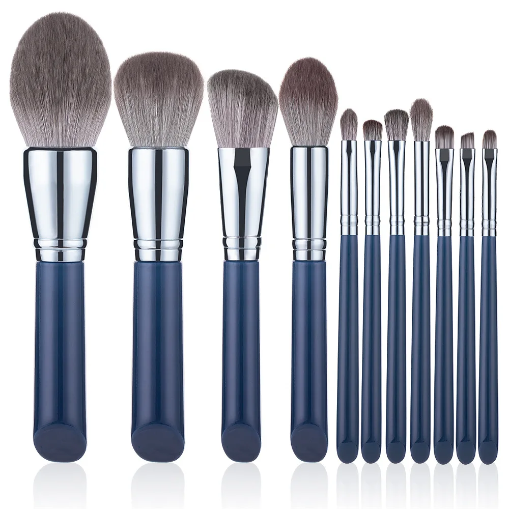 Eyeshadow Powder Wood Handle Concealer Cosmetics Eyebrow Synthetic Hair Beauty Tools Private Label Blue 11pcs Makeup Brush Set