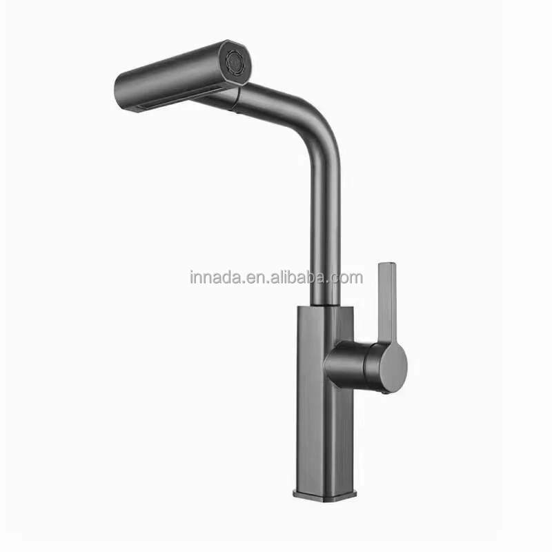 Waterfall Kitchen Sink Faucet with Pull Down Sprayer, 3 Modes(Sweep/Stream/Waterfall) Rotary Switch Stainless Steel Faucet