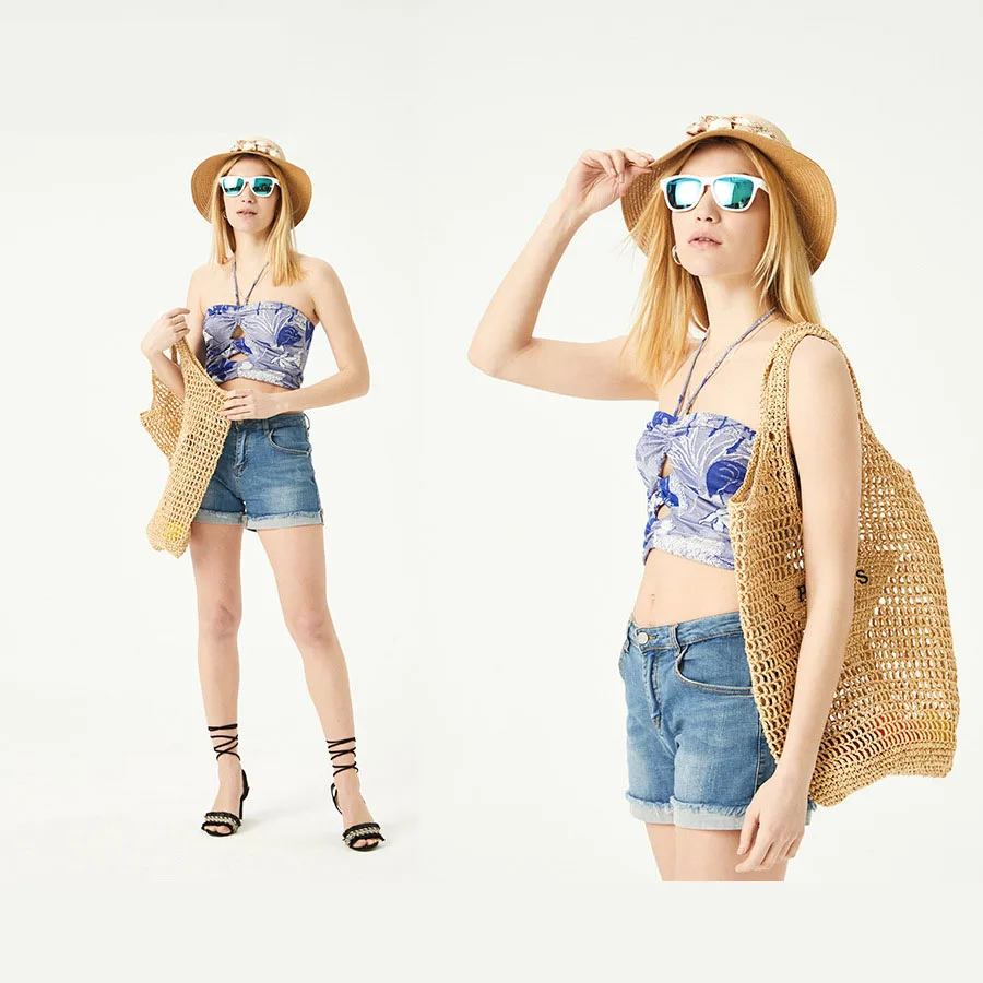 2023 Hand-woven fashion hollow out handbag custom summer mesh straw tote bag paper straw beach bag for women