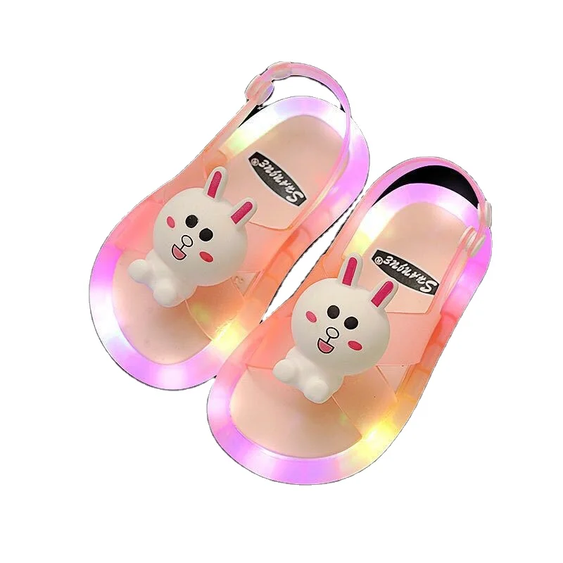 Wholesales Cheap Prices Baby Children Kids Summer PVC Cartoon Pink Rabbit Smile Face Yellow Duck Flower Led slippers for Kids