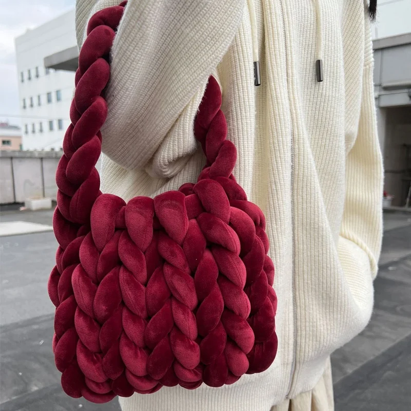 trendy woman ladies hand woven velvet tote bag handbags with different colors clutch