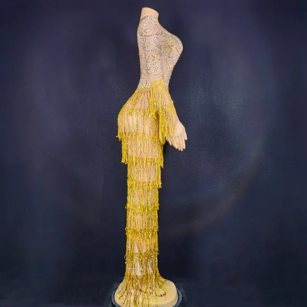 Elegant New Ball Gown Diamond Fringe Long Sexy Chiffon Sheer Dress Rhinestones Beading Feathers Parties Plus Size Maxi Length