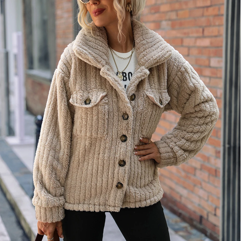 New White Winter Women Teddy Bear Coat Stand Collar Loose Plush Jacket Zipper Solid Warm Outwear Faux Lamb Coats