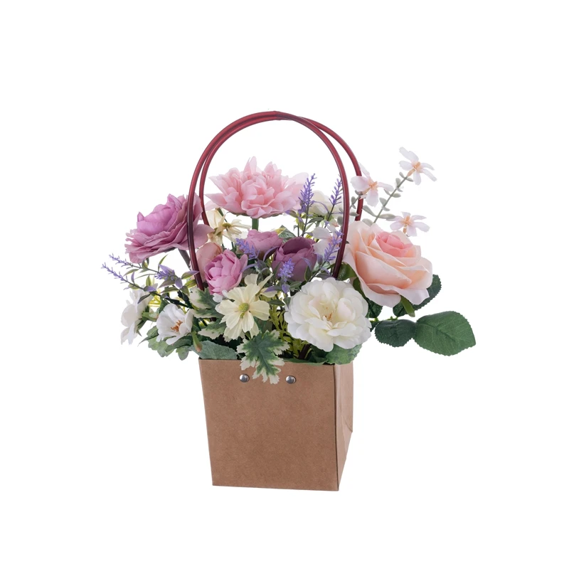 CF01465 Hot Selling Artificial Fabric Rose Silk Dahlia Ranuculus Flowers Plastic Lavender Paper Basket For Present Decoration