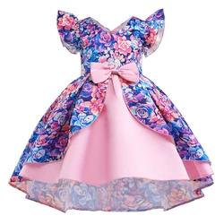 Latest Summer Children Floral Printed Formal Ball Gown Fly Sleeve Girl Princess Bow Clothes for Kids Girls Dresses