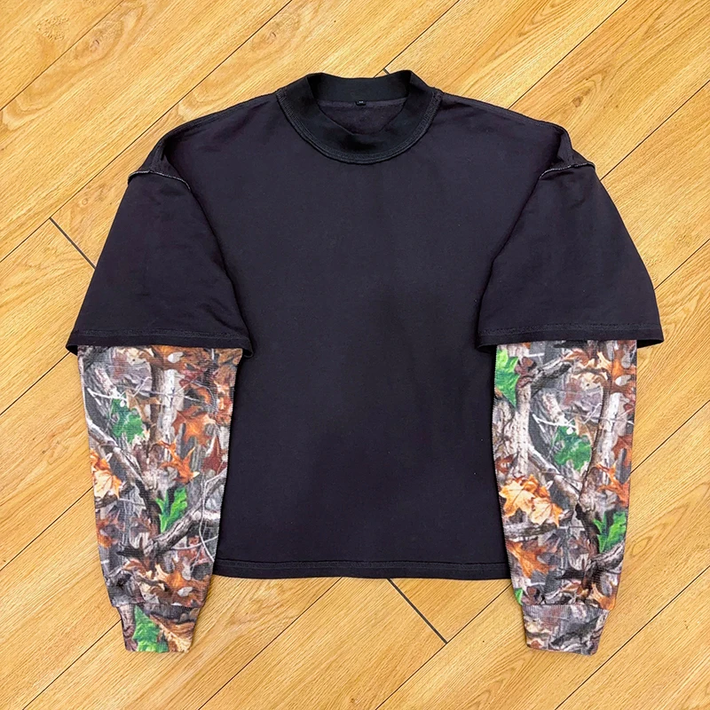 Custom Real Tree Screen Print Sleeve T-Shirt Oversize Cotton Ripped Double Layer Long Waffle Sleeve T Shirt For Men