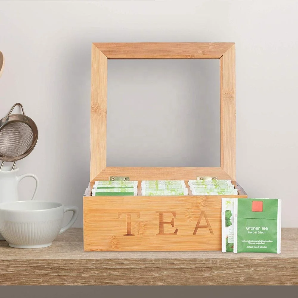 
Natural Bamboo Tea Box Storage Organizer- 9 Compartments Tea Bag Holder with Clear Glass Lid 
