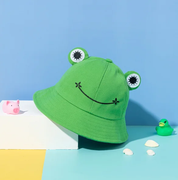 Spring summer cute frog embroidery foldable  cotton woman man bucket hat for outdoor sun  fishing  hiking