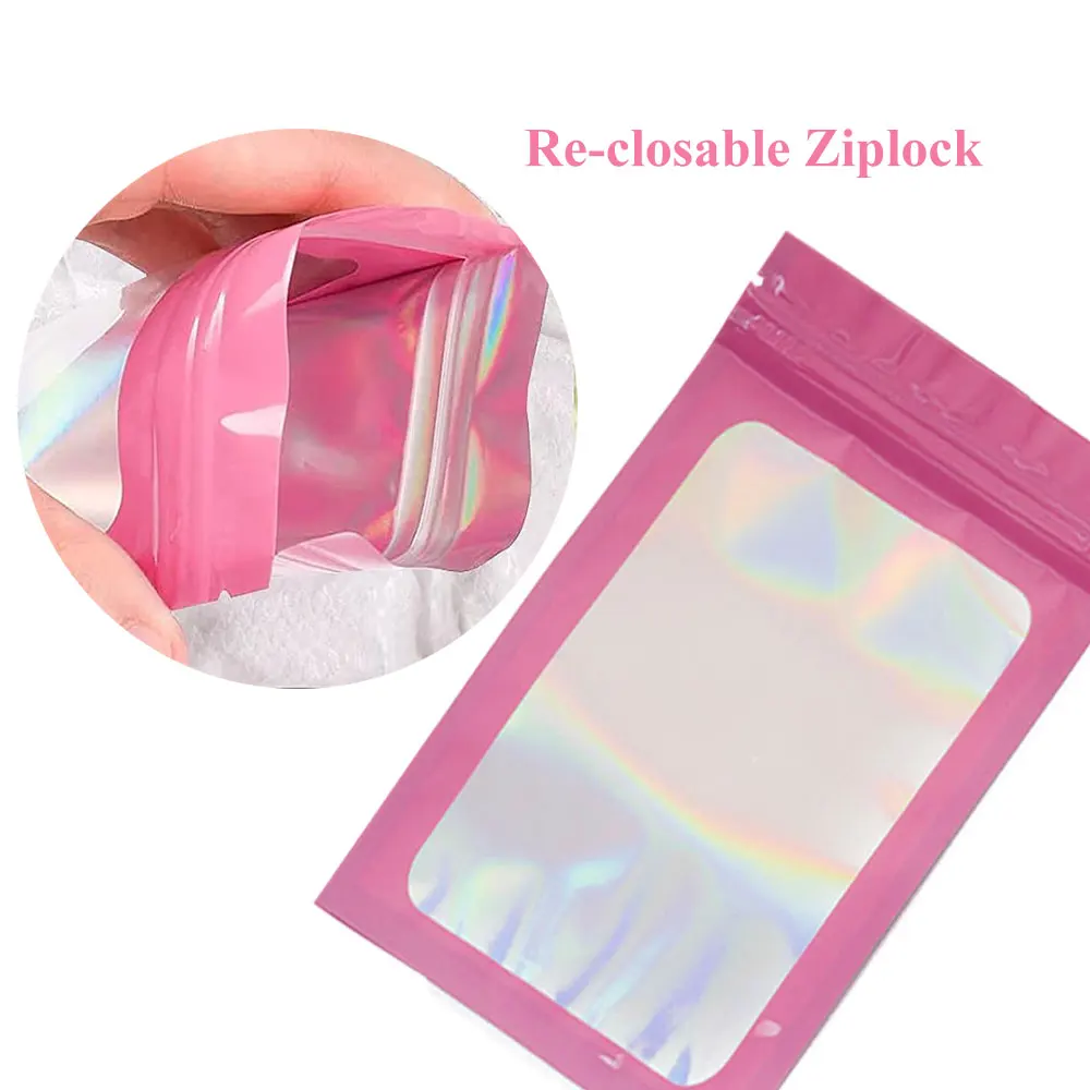 Custom print mini transparent holographic resealable smell proof food small ziplock plastic packaging mylar hologram bags