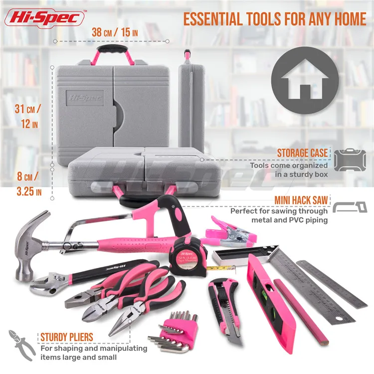 Hi-Spec 71 Piece Pink Lady Tool Set Hand Tool Kit including Screwdriver, Claw, Hammer & more for Home DIY in a Storage Box