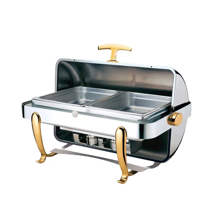 Hotel supplies rectangle roll top chafing dish with stainless steel lid golden legs buffet chafer