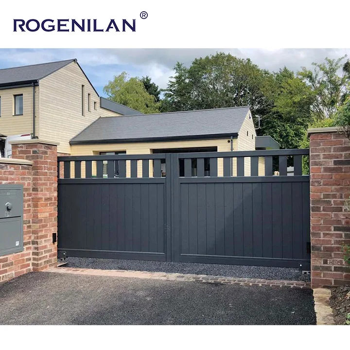 Rogenilan Latest intelligent remote control sliding entrance design outdoor trackless aluminium outdoor gate